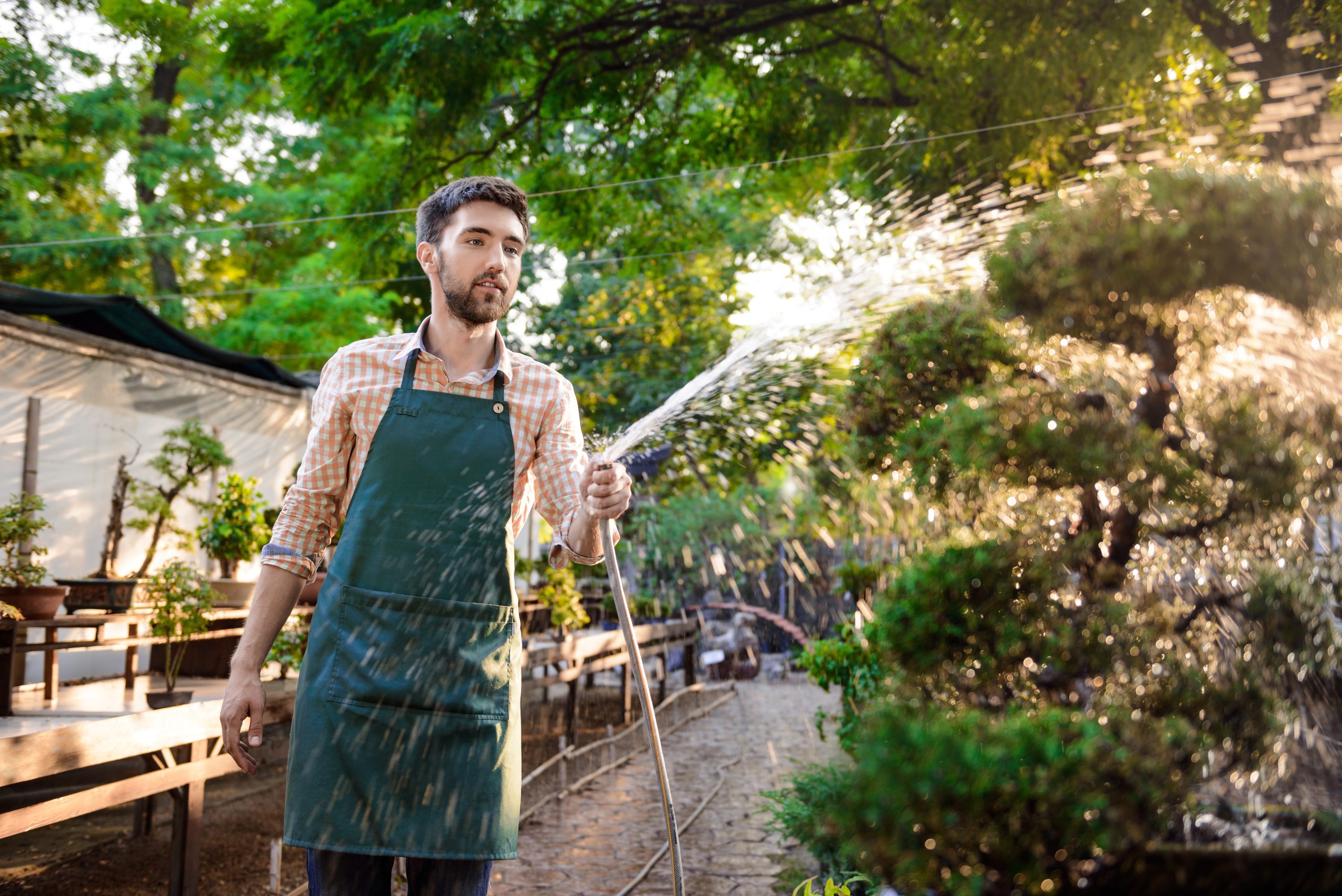 young handsome cheerful gardener smiling watering taking care plants scaled